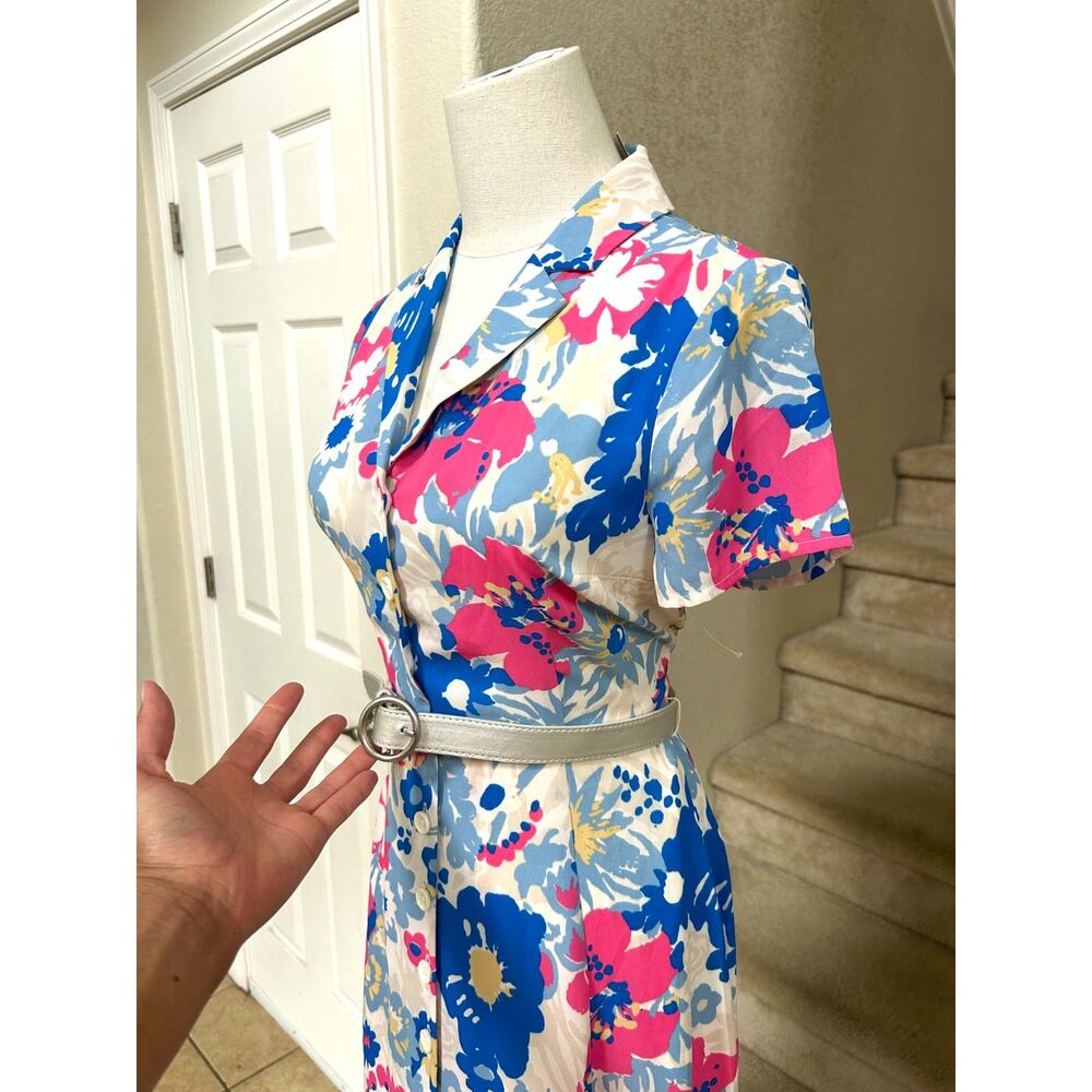 ModCloth "Exciting Find" Blue & Pink Floral Pattern Belted Shirt Dress - Size S - Picture 3 of 9